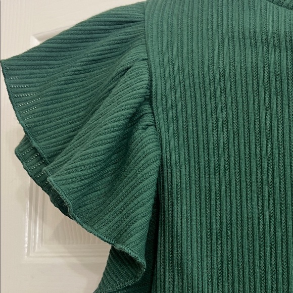 LOFT Dark Green Ruffle Sleeve Ribbed Top - Picture 3 of 5